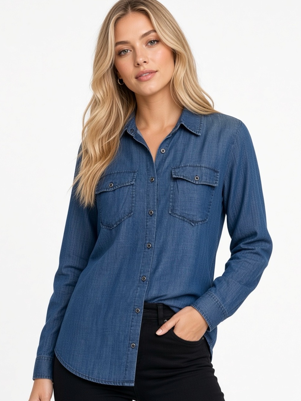 Molly & Isadora Myla Button-Down Chambray Shirt.